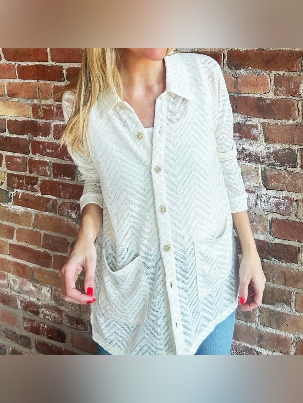 Mystree Cream Chevron-Texture Button Front Top